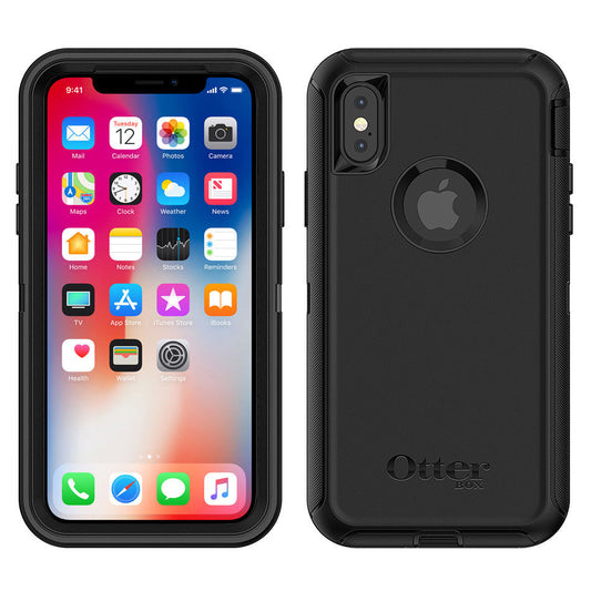 Black phone case with Apple logo on one side and smartphone display on the other, branded 'Otterbox'.