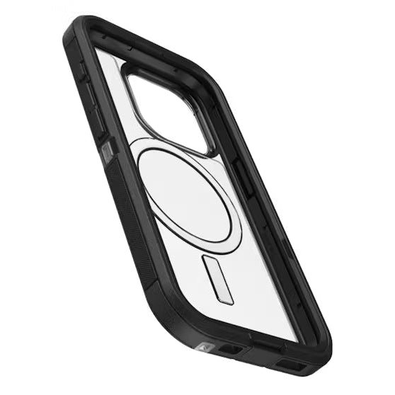 Black phone case with a magnetic ring holder on a white background