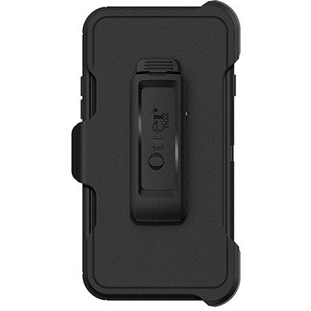 Black phone case with a holster attachment on a white background