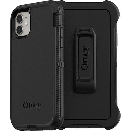 Black OtterBox phone case with a stand on a white background