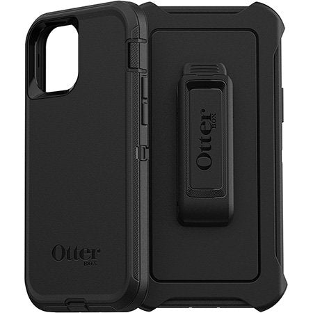 Black OtterBox phone case with a clip on a white background
