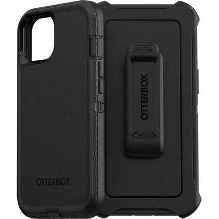 Black OtterBox phone case with a clip on a white background