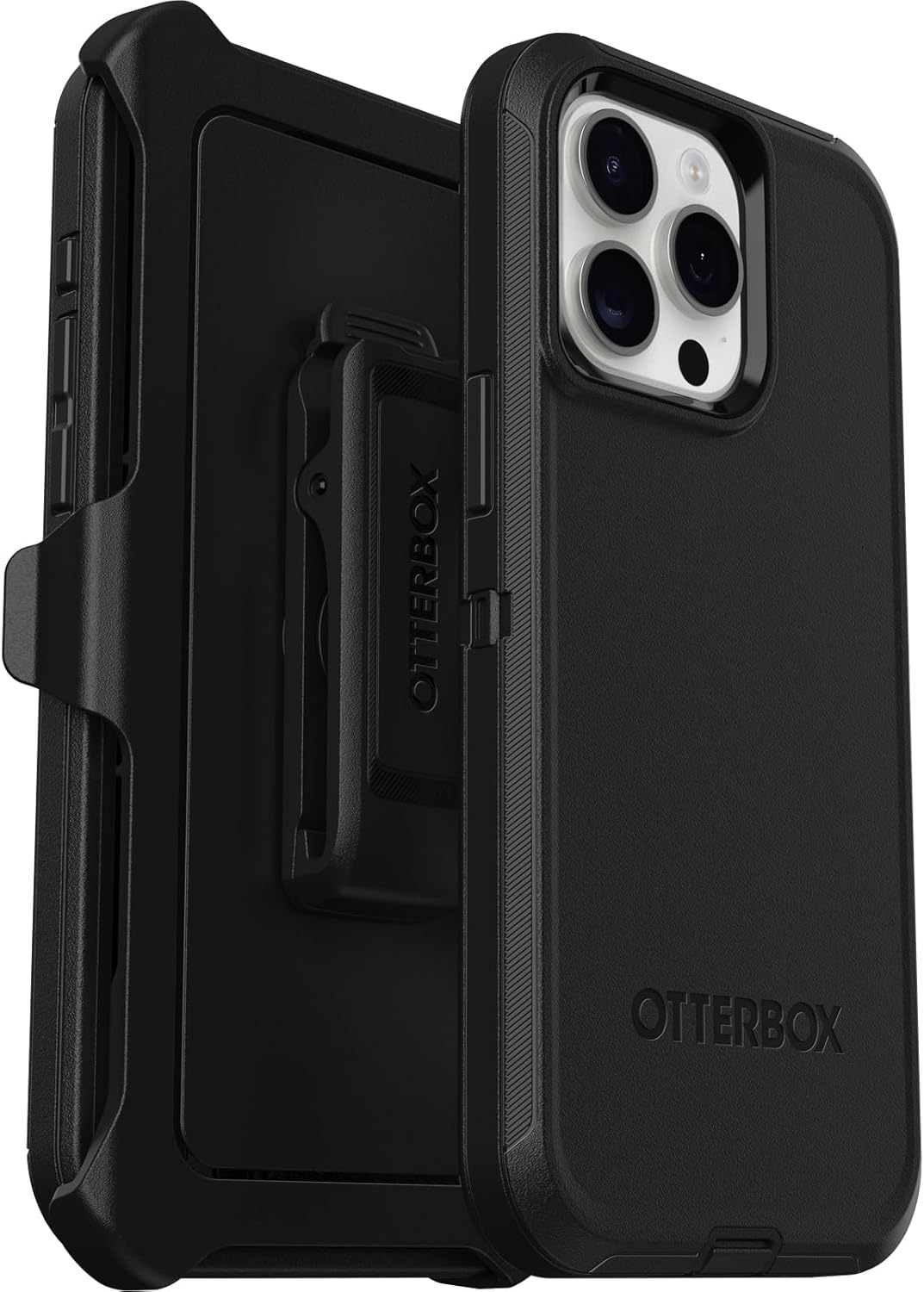 Black OtterBox phone case with a clip on a white background