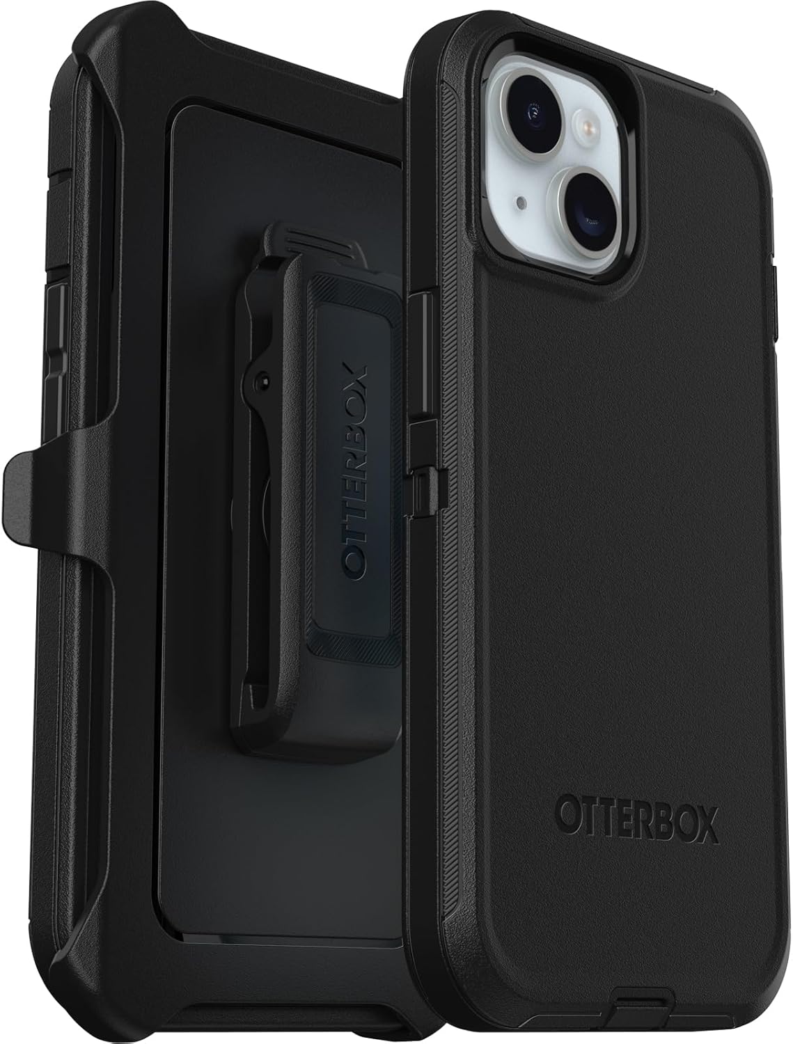 Black OtterBox phone case with a holster attachment on a white background