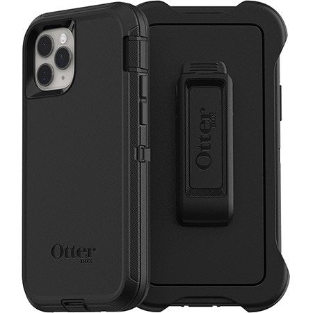 Black OtterBox phone case with a stand on a white background