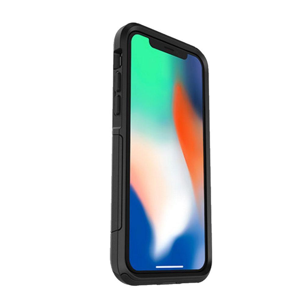 Black phone case with a colorful screen on a white background
